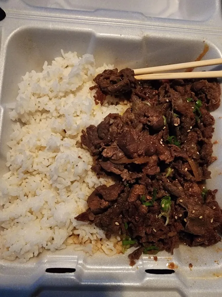 Beef Bulgogi with White Rice Stir-Fried Fish Cakes and Broccoli